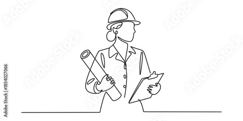 Continuous line art of a female engineer or architect inspecting plans and notes on site