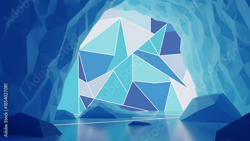 Glowing geometric crystal formation with triangular facets.