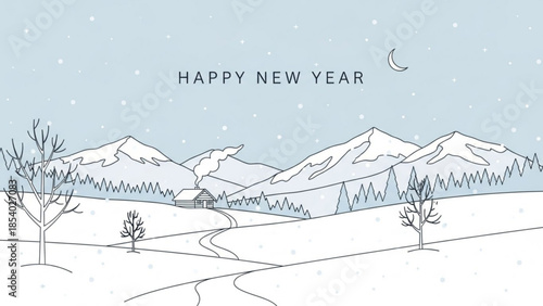 Snowy mountain landscape with bare trees and house on a winter night with crescent moon happy new year