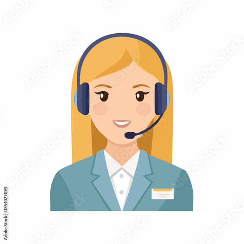 Smiling blonde woman customer support agent avatar in a professional uniform with a headset, representing online assistance, helpdesk, and telemarketing services vector icon