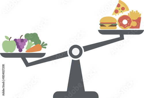 Weight of healthy fresh produce against tempting processed fast food on a balance scale