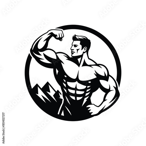 A muscular man flexing his bicep within a circular design frame