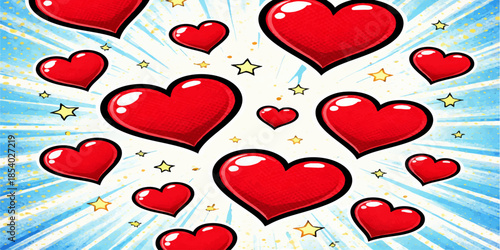 Seamless vector pattern with red heart shapes and romantic symbols for Valentine's Day holiday decoration or wedding card illustration