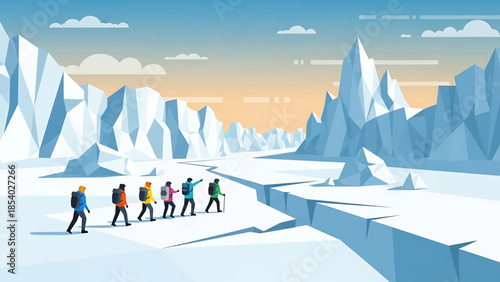 A team of adventurers on a polar expedition across a glacier.