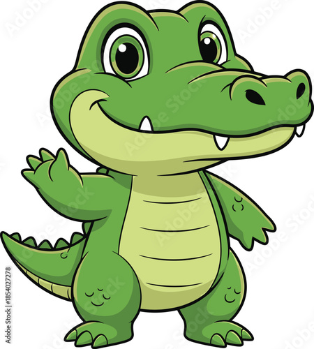 Adorable and friendly cartoon baby alligator waving hello, a charming illustration of a happy reptile character with a big smile, perfect for children's designs and animal themes
