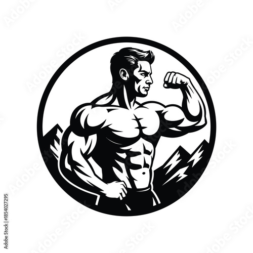Muscular man flexing his bicep inside a circular design with mountains