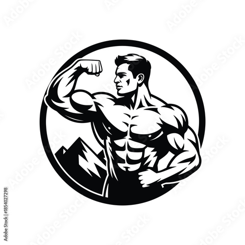 Strong man flexing his bicep within a circular black and white design