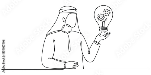 Arab businessman holding a lightbulb with gears, symbolizing a new technical idea or innovative solution