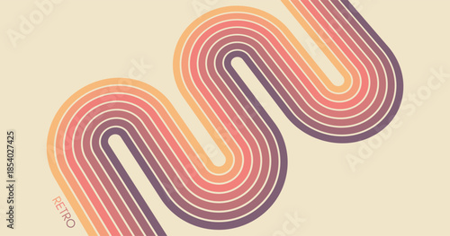 A retro 1970s-style background. Colorful lines. Abstract, dynamic curved ribbons. A serpentine curve of a race track. Designed for posters or banners for sports competitions. Vector illustration.