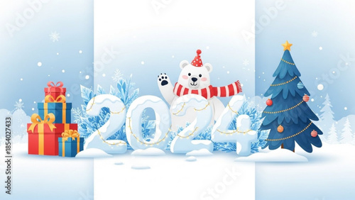 A cheerful polar bear in a red hat and scarf celebrates 2024 with gifts and a christmas tree in a snowy