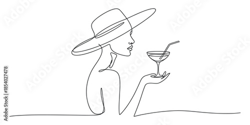 Elegant woman in a wide-brimmed hat enjoying a refreshing cocktail, minimalist line art
