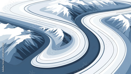 Stylized Winding Glacier Flowing Through a Snowy Mountain Range.