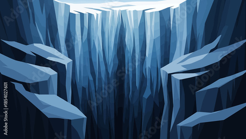 Geometric ice shards and polygonal formations inside a deep blue glacial crevasse.