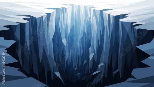 A deep and wide crevasse in a vast icy surface with glowing light.