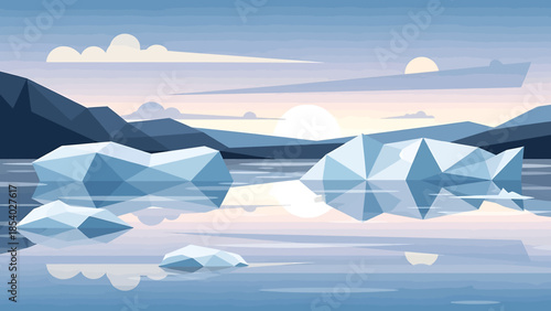 Geometric low poly icebergs floating in tranquil arctic ocean water.