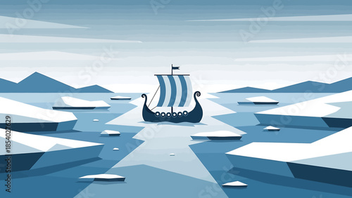 Ancient Viking longship navigating through icy arctic waters.
