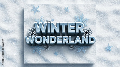 Winter wonderland scene with snowflakes and pine cones on white background