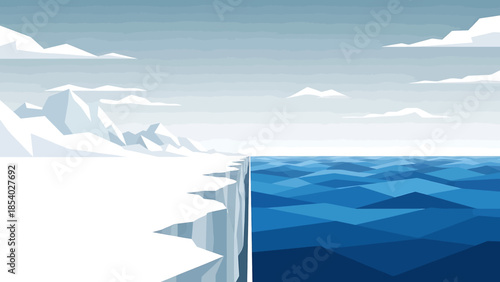 Expansive snowy glacier cliff overlooking the cold arctic ocean.