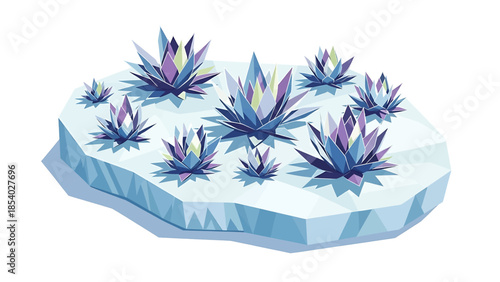 Magical crystalline plants with sharp purple and blue leaves on an ice floe.
