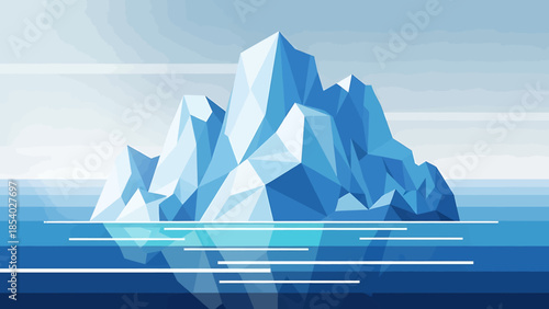 Geometric low poly iceberg illustration on a calm water surface.