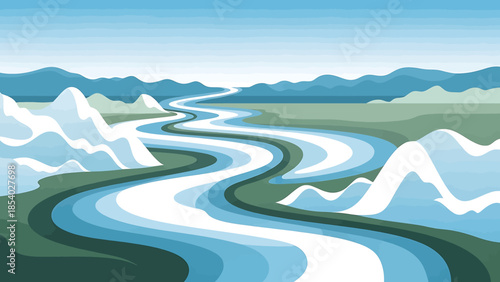 A long and winding river flowing through a vast landscape.
