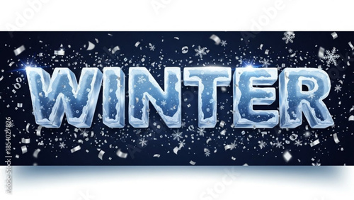 Large icy winter text with falling snowflakes on dark background