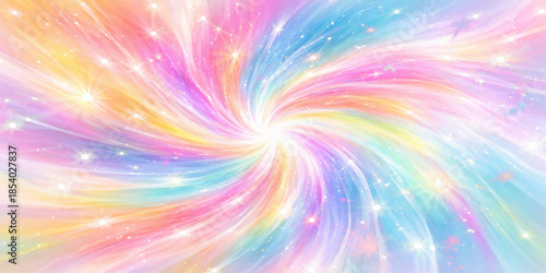 Abstract colorful background illustration featuring a psychedelic rainbow fractal design with neon light rays and a bright digital floral burst explosion texture