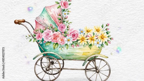 Vintage Baby Stroller Decorated with Beautiful Flowers.