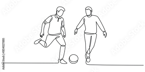 Continuous line drawing of two male soccer players actively engaging in a friendly match