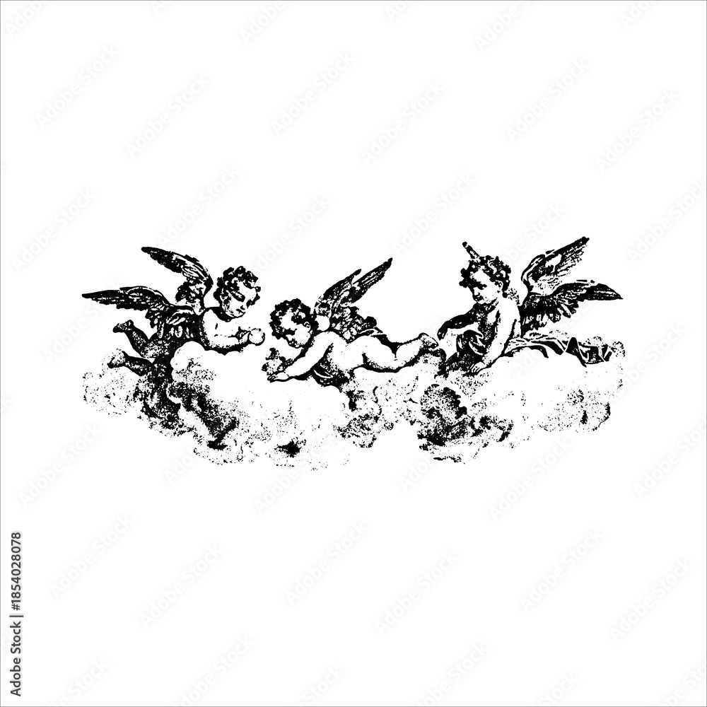 Naklejka premium Cherub Angels Resting on Clouds Illustration