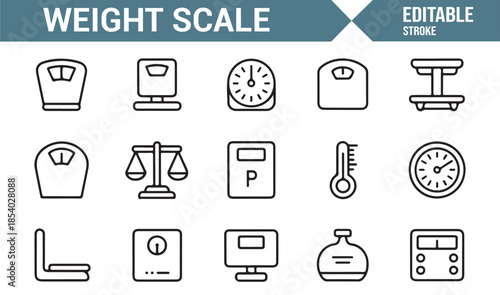 Balance scale and mass measurement editable line icons