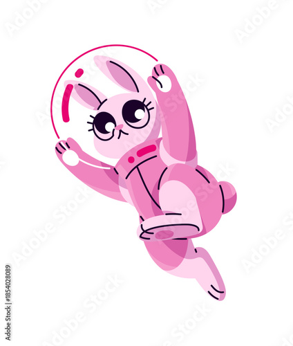 Cute rabbit astronaut in pink spacesuit is in outer space. Funny bunny travels flying in cosmos. Adorable animal spaceman is spacewalking. Flat isolated vector illustration on white background.