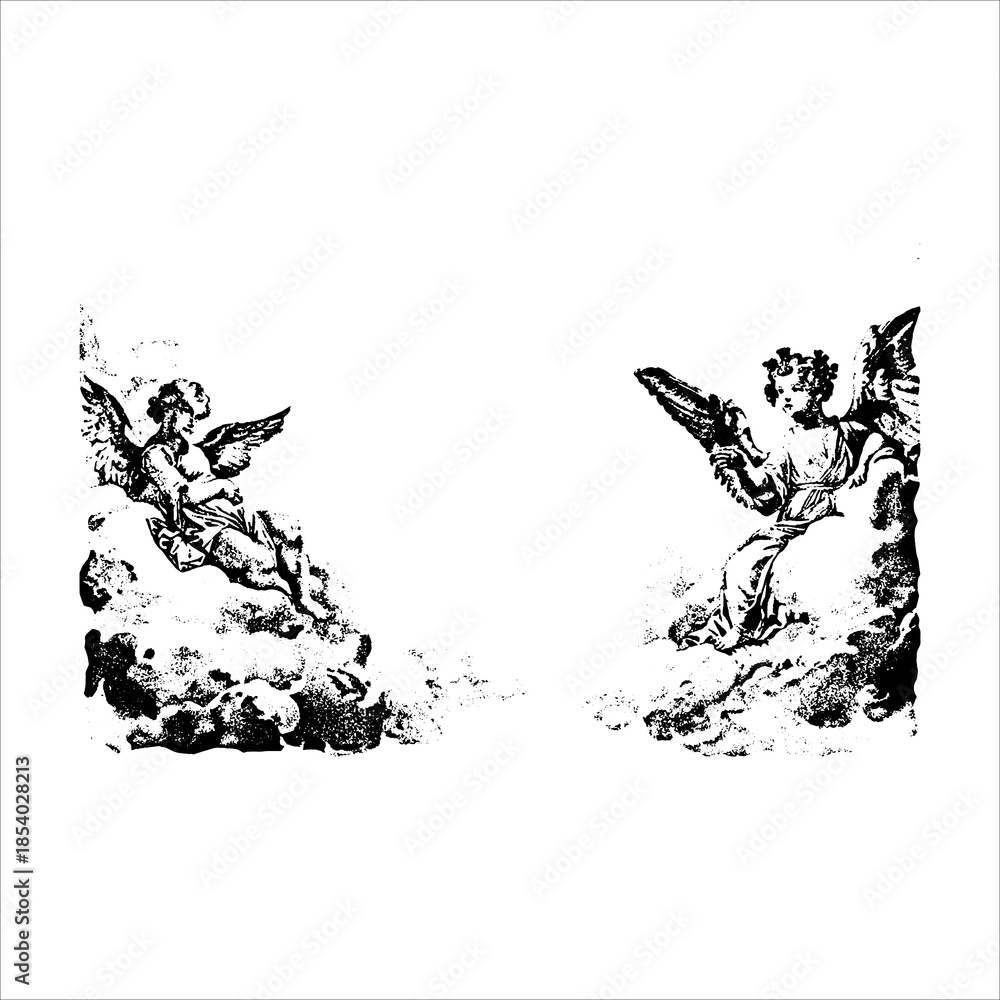 Obraz premium Paired Cherub Angels Resting on Clouds Illustration