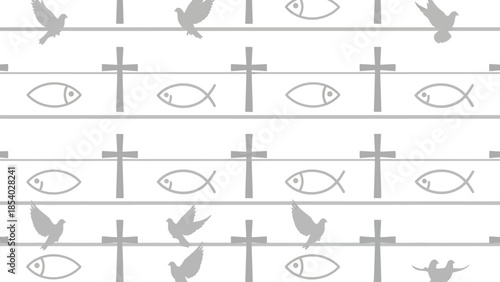 Symbolic Christian pattern with fish and dove silhouettes on white