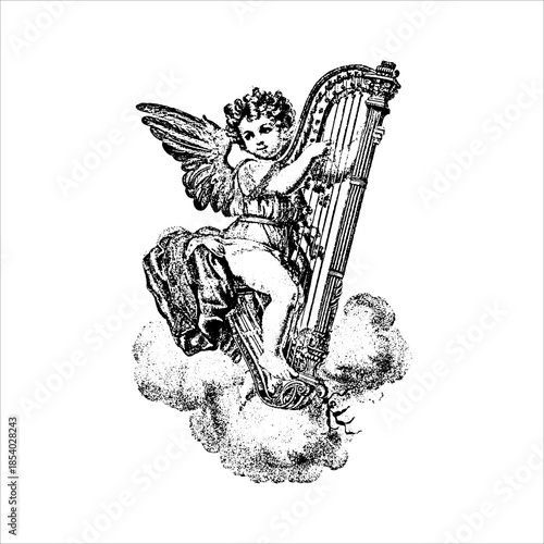 Cherub Angel Playing Harp on Clouds Illustration
