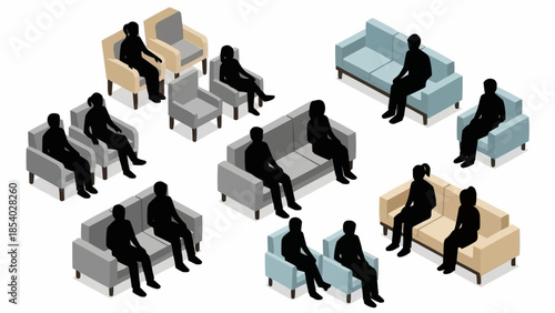 Silhouetted People Sitting on Various Couches.