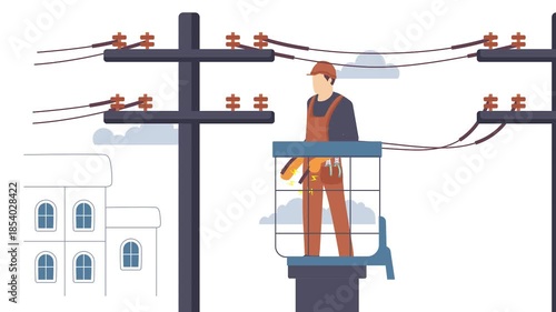 lineperson doing maintenance on utility pole animation, Technician Fixing Transmission animated video, Electrician Profession Clip, Low High Voltage Power Supply footage, Handyman Repairman motion
