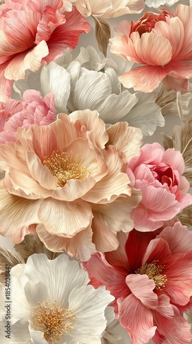 Delicate peony blossoms in soft blush, cream, and rose hues create an elegant floral composition with layered, ruffled petals and golden stamens