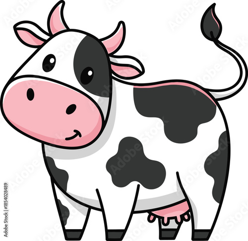 Cute cartoon illustration of a black and white dairy cow with pink udders. Ideal for farm animal themes, children's designs, and agricultural projects