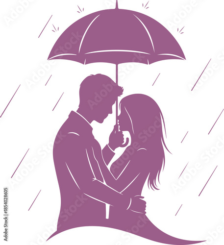 Romantic couple embracing under umbrella on rainy day