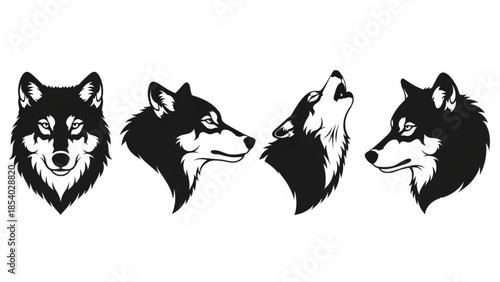 Black Wolf Head Silhouette Vector Showing Front Side Howling and Turned Back Glance