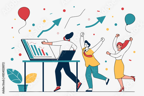 Business team celebrating success with growing graph on laptop