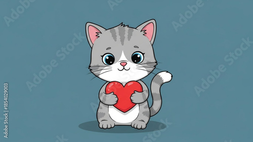 Cute gray cartoon cat holding red heart shaped object on blue background sweet animal illustration