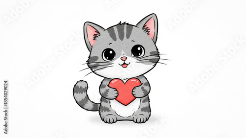 Cute gray tabby cat holding red heart symbol, adorable cartoon illustration with big eyes and sweet expression on white background