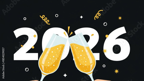 Two champagne glasses clinking together in front of 2026 text with confetti on black background for new year's eve celebration