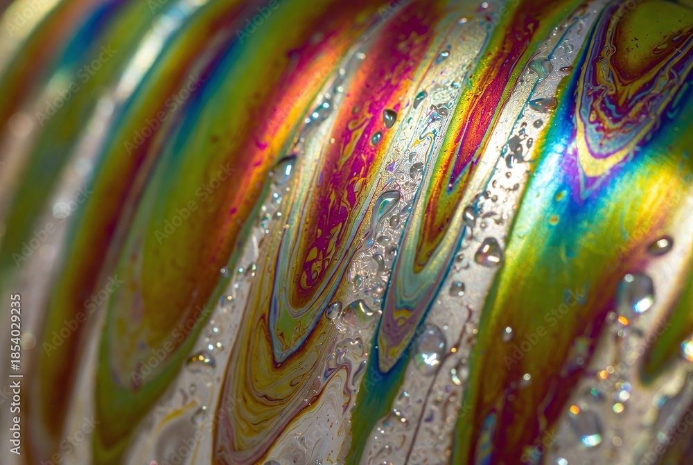 Fototapeta premium Colorful Iridescent Abstract Pattern: Macro Photography of Shiny Liquid Surface with Bubbles and Vibrant Colors in Fluid Art Design