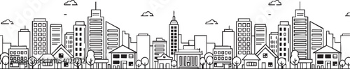 Modern City Skyline Panorama with Houses and Skyscrapers Line Art Illustration.