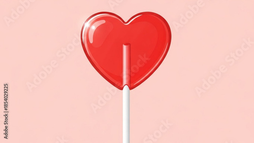 A large red heart shaped lollipop on a white stick against a soft pink background sweet treat for valentine's day or love themed designs