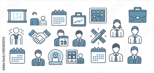 Business management icon set includes presentation documents and organizational structures