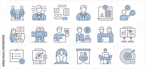 Business management icons set includes team meetings project planning and strategic targets